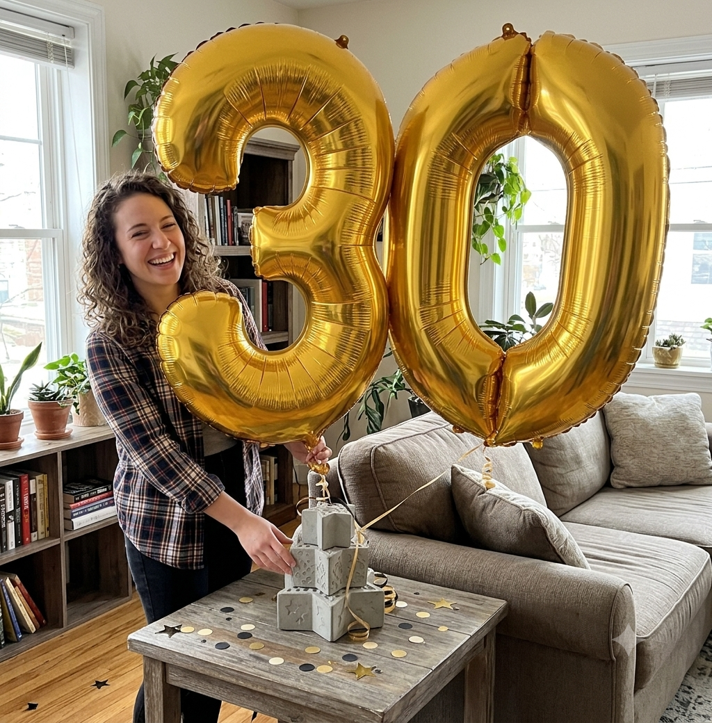 Number 30 Gold Balloon Bouquet with Star Foil Balloons 8-pk