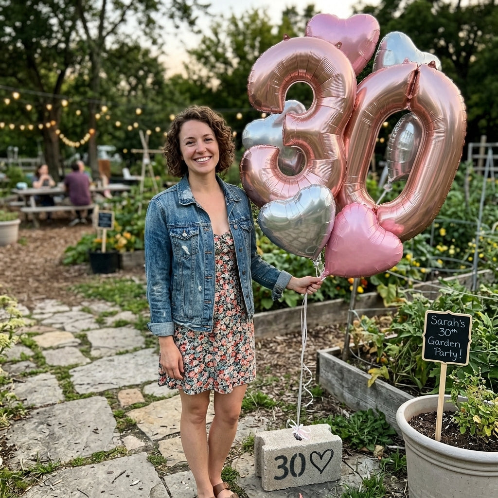 Number 30 Rose Gold Balloon Bouquet with Heart Foil Balloons 8-pk