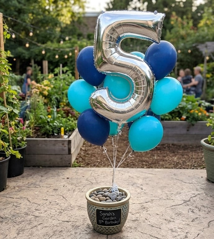 Number 5 Silver Balloon Bouquet with Latex Balloons 7-pk