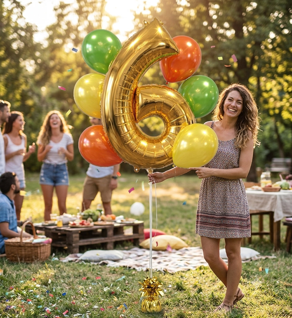 Number 6 Gold Balloon Bouquet with Latex Balloons 7-pk