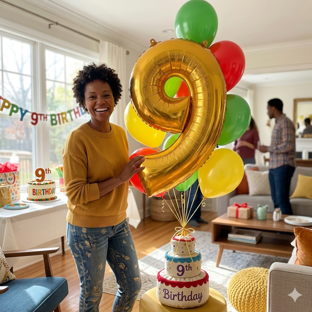 Number 9 Gold Balloon Bouquet with Latex Balloons 7-pk