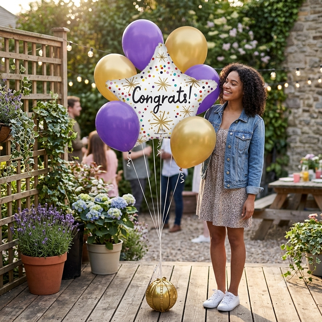 Congrats Star Confetti Sprinkle Polka Dot Satin Foil Balloon Bouquet with Latex Balloons 7-pk