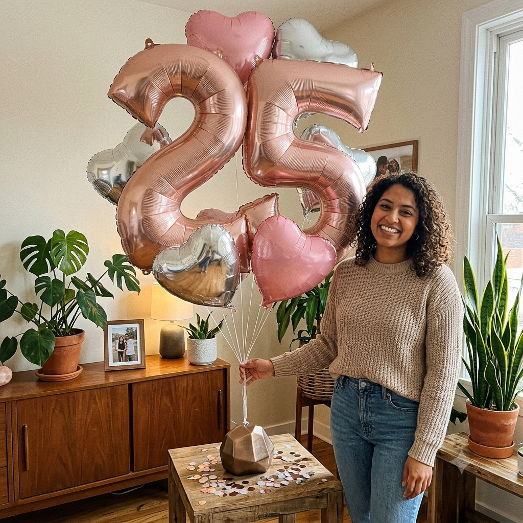 Number 25 Rose Gold Balloon Bouquet with Heart Foil Balloons 8-pk
