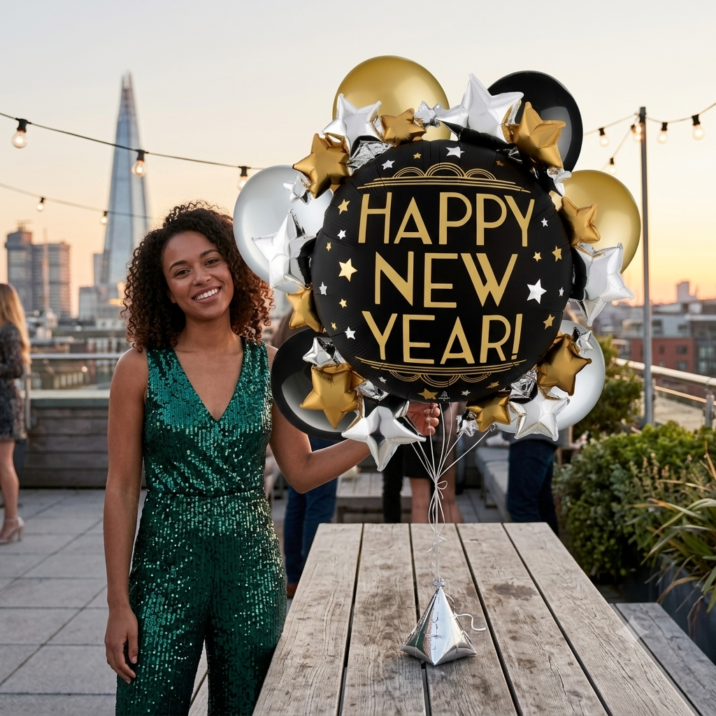 Happy New Year Round & Stars Satin Foil Supershape Balloon Bouquet with Pearl Latex Balloons 7-pk