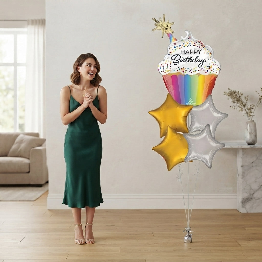 Happy Birthday! Cupcake Confetti Sprinkle Supershape Balloon Bouquet with Star Foil Balloons 5-pk