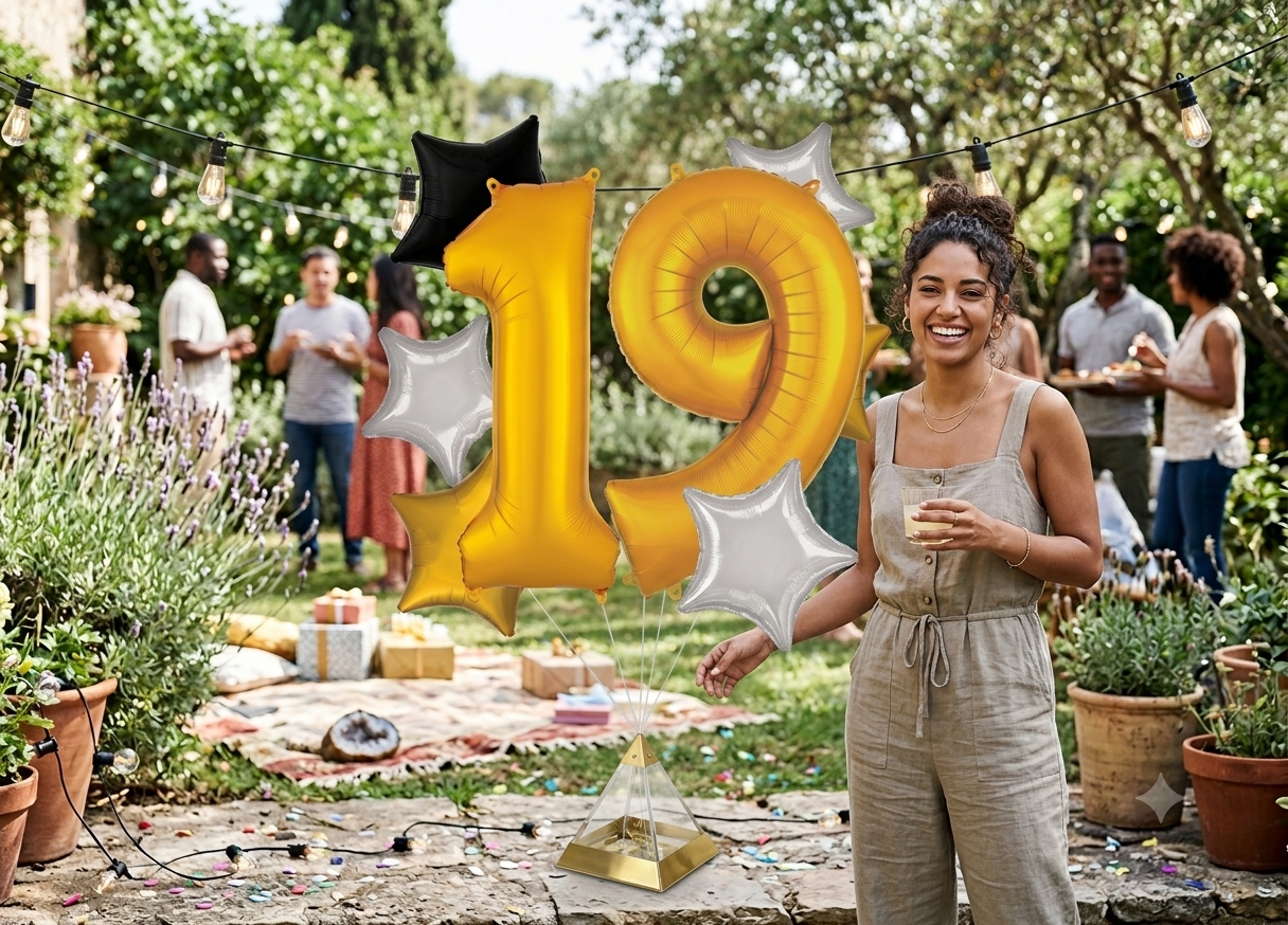 Number 19 Gold Balloon Bouquet with Star Foil Balloons 8-pk