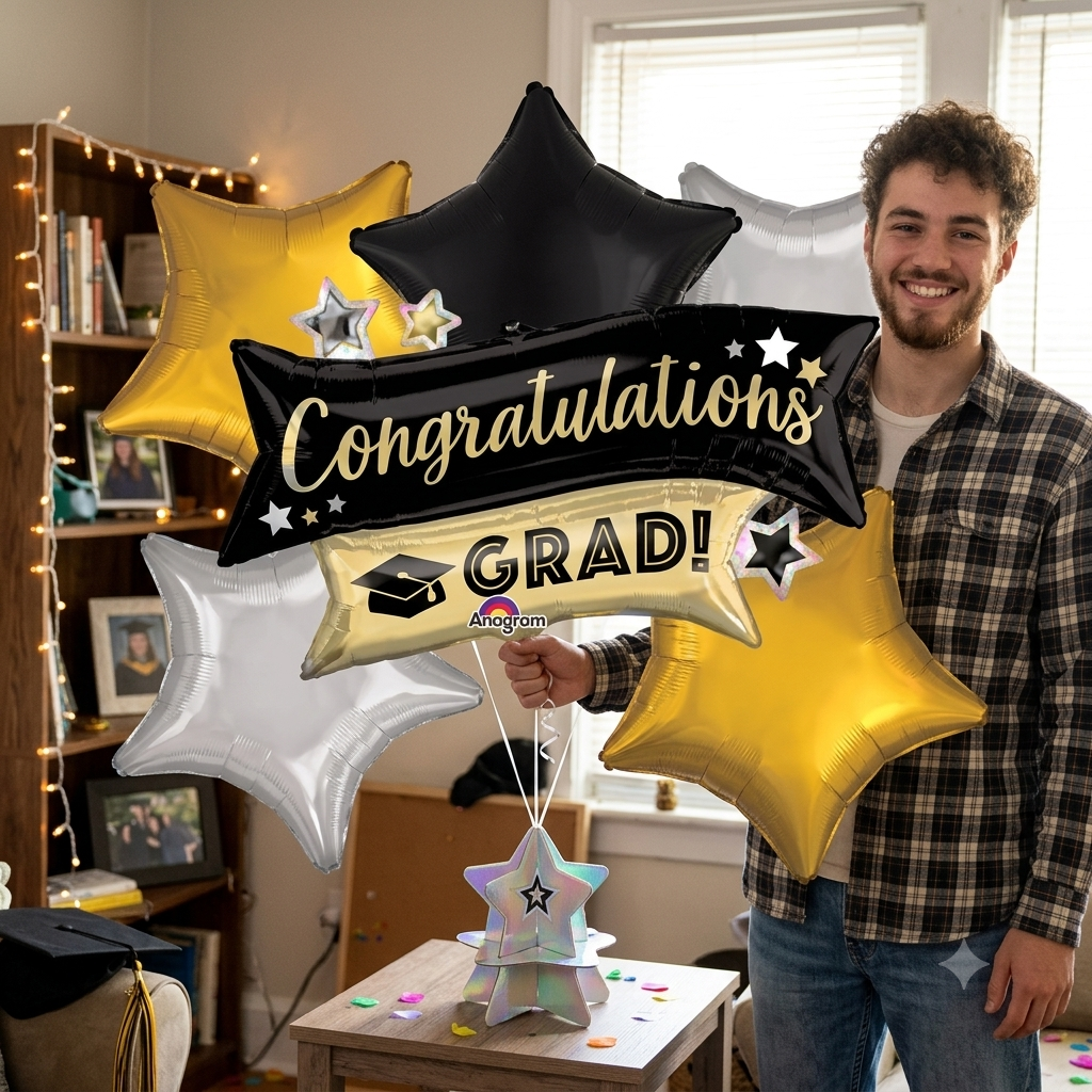 Congratulations Grad! Supershape Balloon Bouquet with Star Foil Balloons 7-pk
