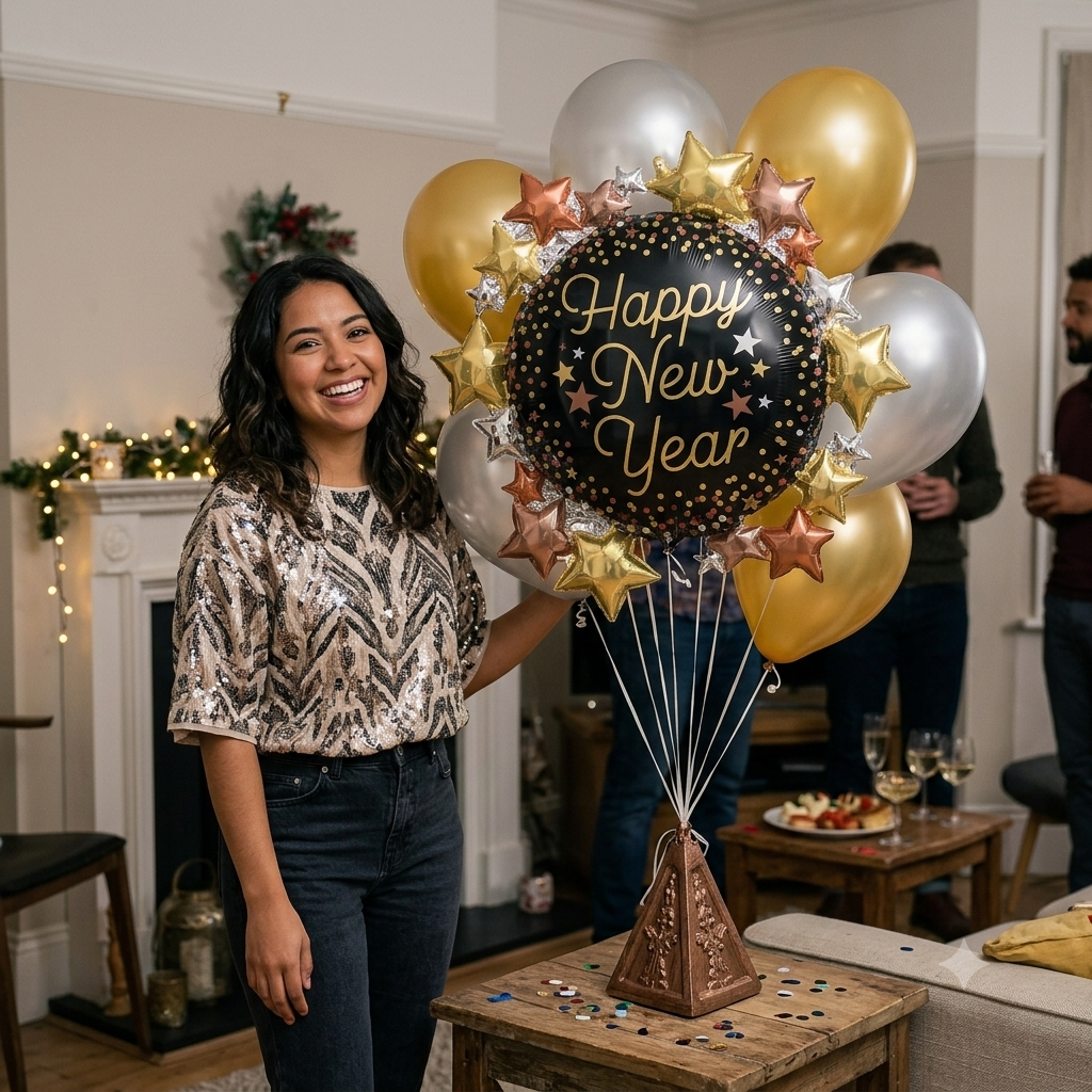 Happy New Year Luxe Stars Supershape Balloon Bouquet with Latex Balloons 9-pk