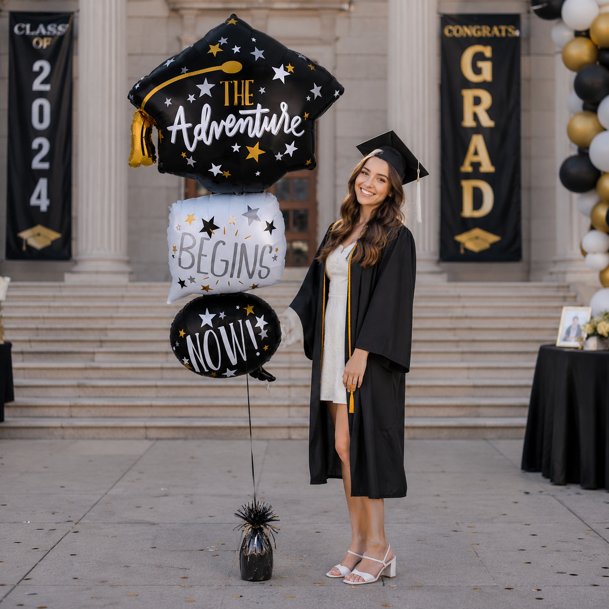 The Adventure Begins Now Graduation Cap Satin Stacked Foil Balloon 61-in