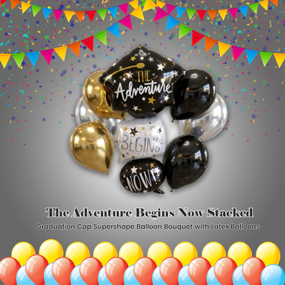 The Adventure Begins Now Stacked Graduation Cap Supershape Balloon Bouquet with Latex Balloons 7-pk