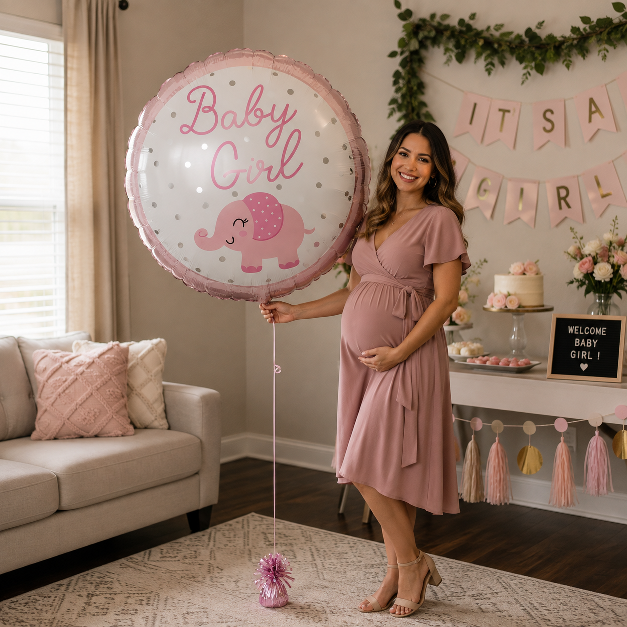 Elephant Baby Girl Round Satin Foil Balloon 18-in