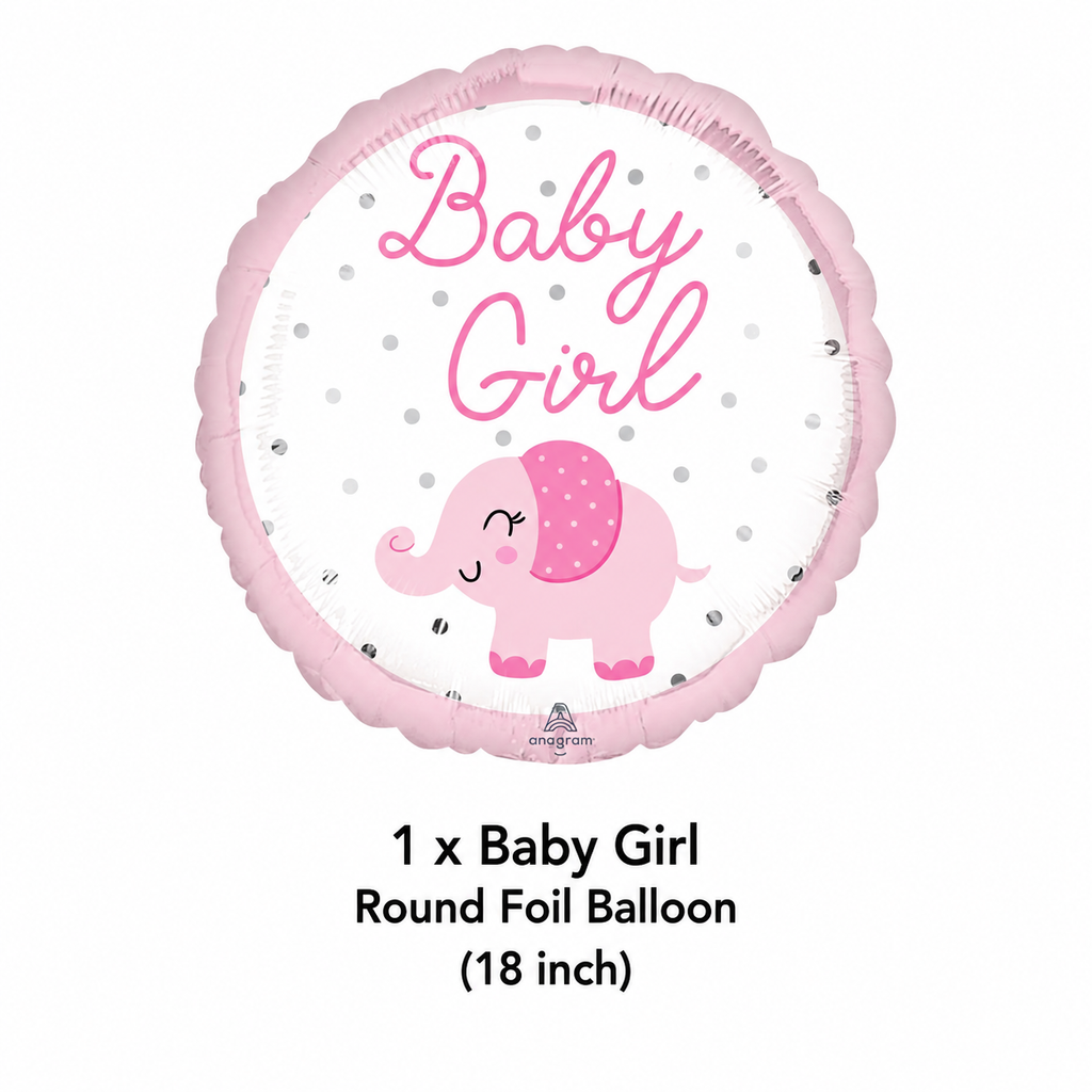Elephant Baby Girl Round Satin Foil Balloon 18-in