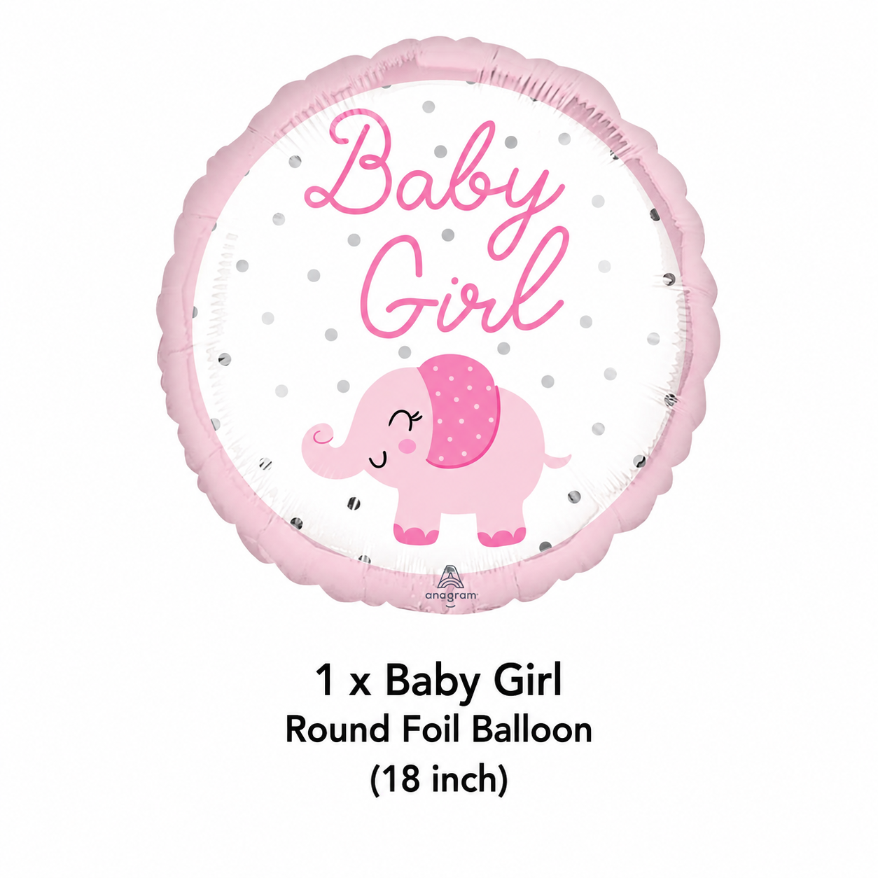 Elephant Baby Girl Round Satin Foil Balloon 18-in
