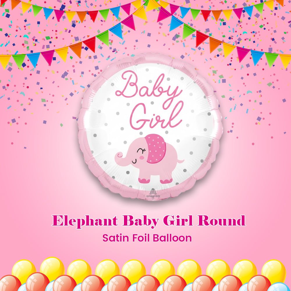 Elephant Baby Girl Round Satin Foil Balloon 18-in