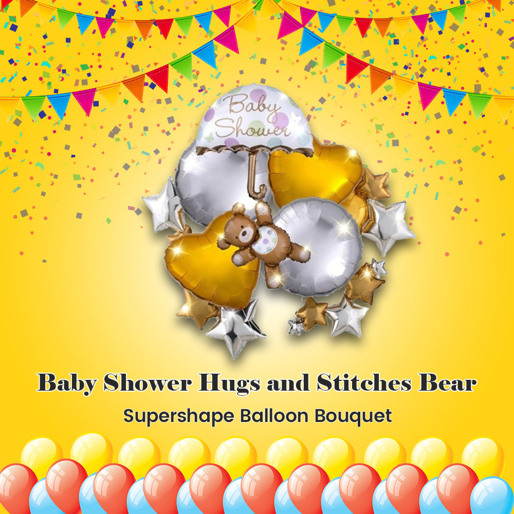 Baby Shower Hugs and Stitches Bear Supershape Balloon Bouquet 5-pk
