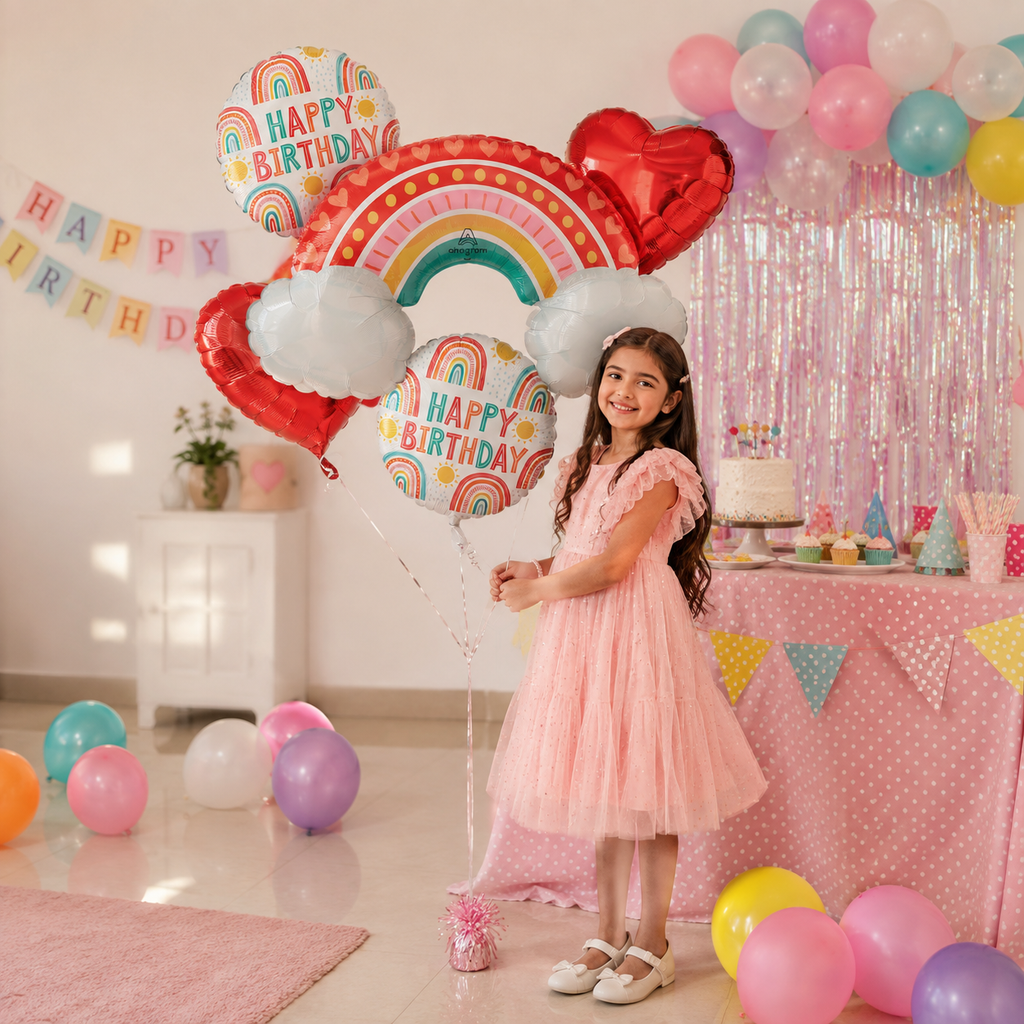 Retro Rainbow Happy Birthday Rainbow/Heart Satin Foil Balloon Bouquet 5-pk