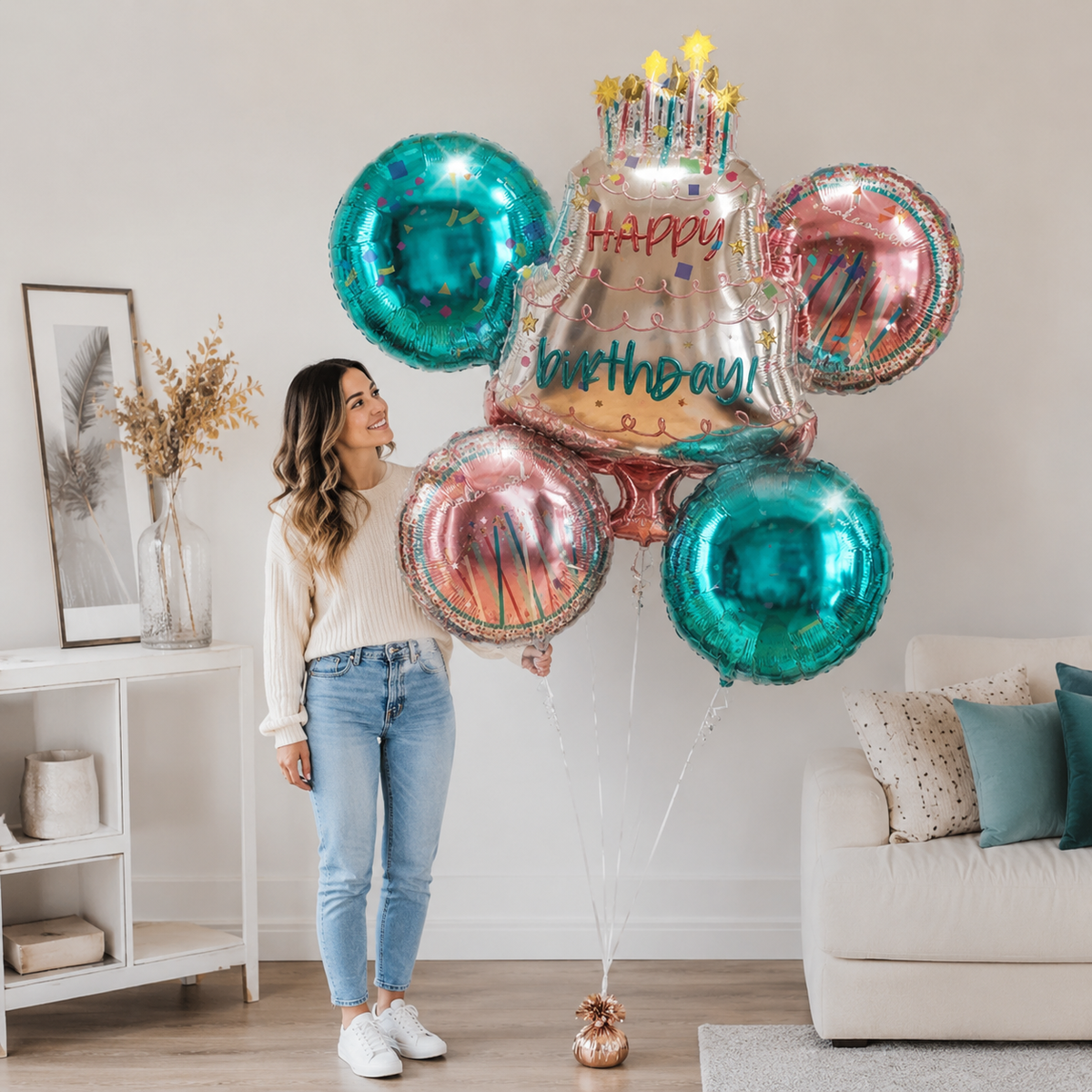 Happy Birthday Cake Day Supershape Balloon Bouquet with Round Foil Balloons 7-pk