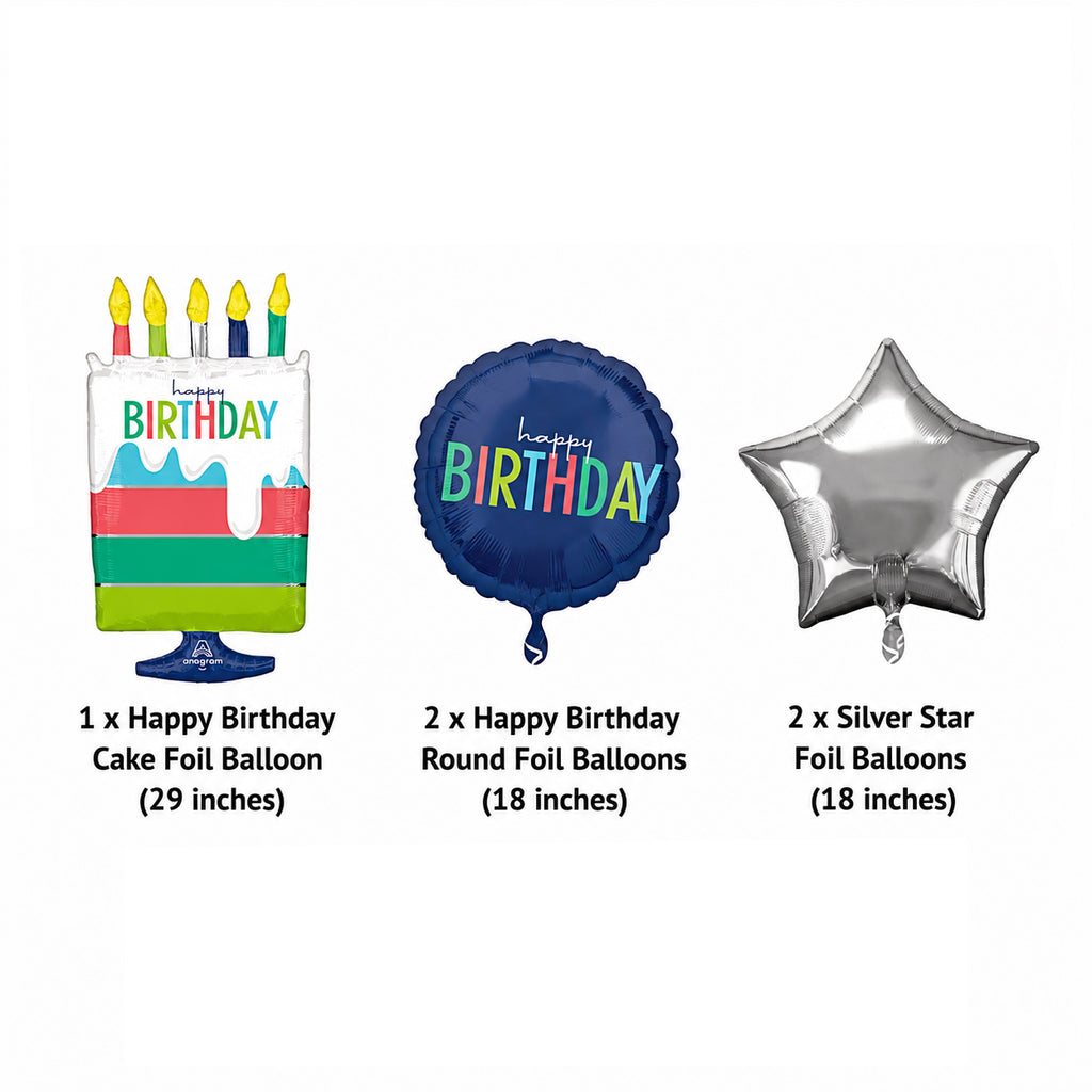 Happy Birthday Cake Balloon Bouquet with Star Foil Balloons 5-pk