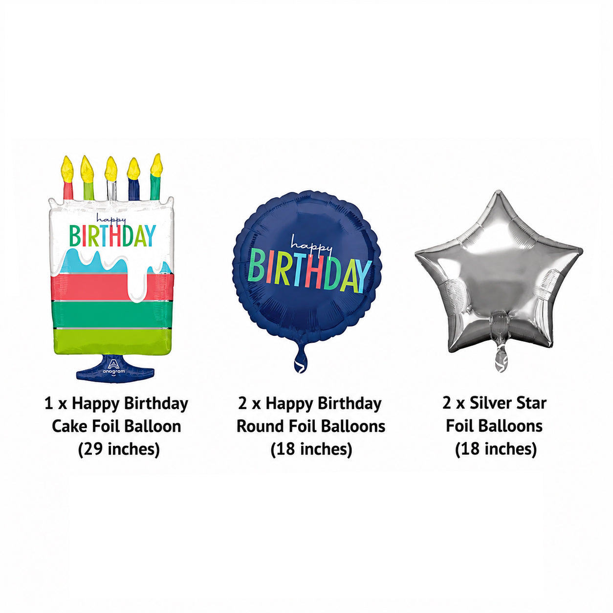 Happy Birthday Cake Balloon Bouquet with Star Foil Balloons 5-pk
