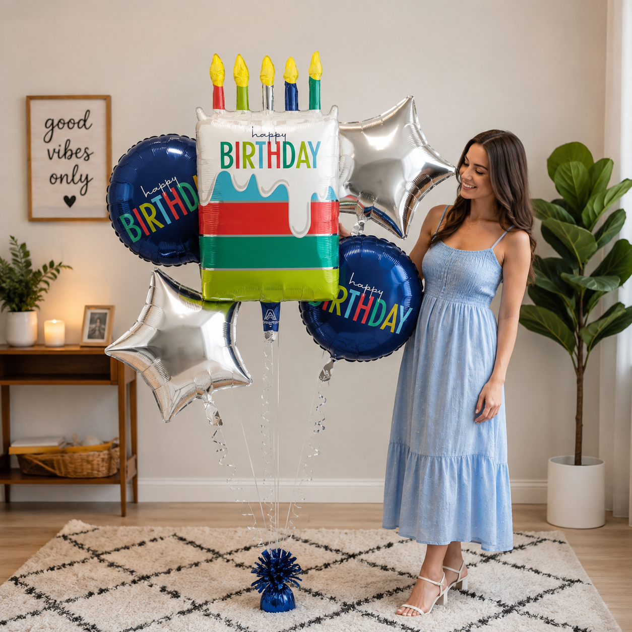 Happy Birthday Cake Balloon Bouquet with Star Foil Balloons 5-pk