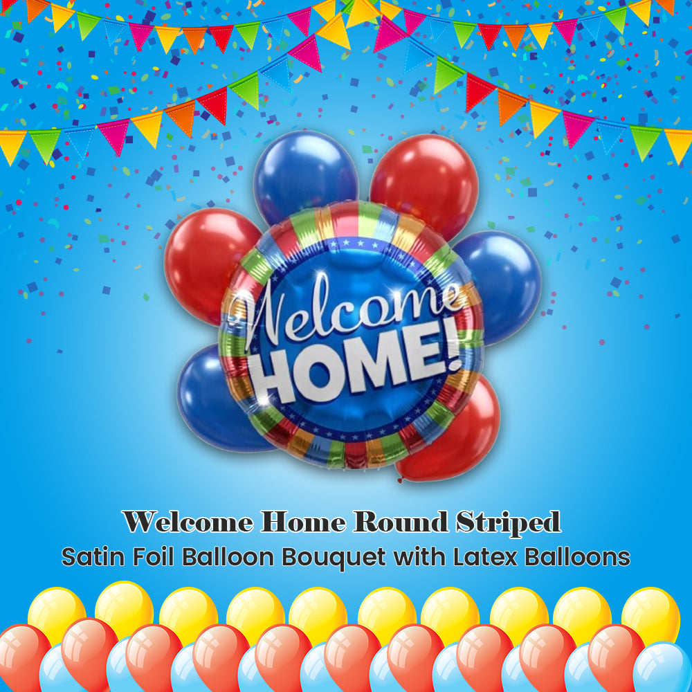 Welcome Home Round Striped Satin Foil Balloon Bouquet with Latex Balloons 7-pk