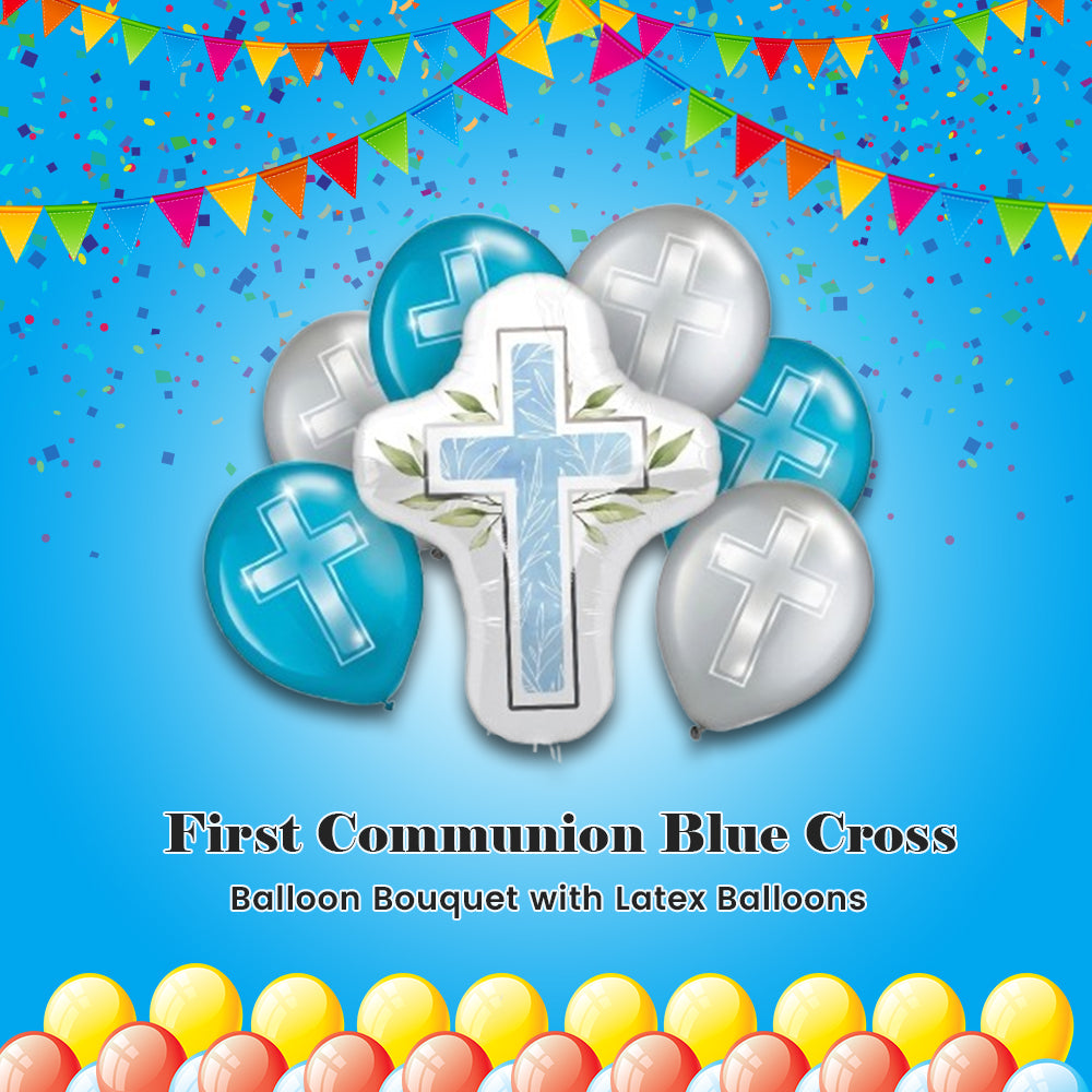 First Communion Blue Cross Supershape Balloon Bouquet with Latex Balloons 7-pk