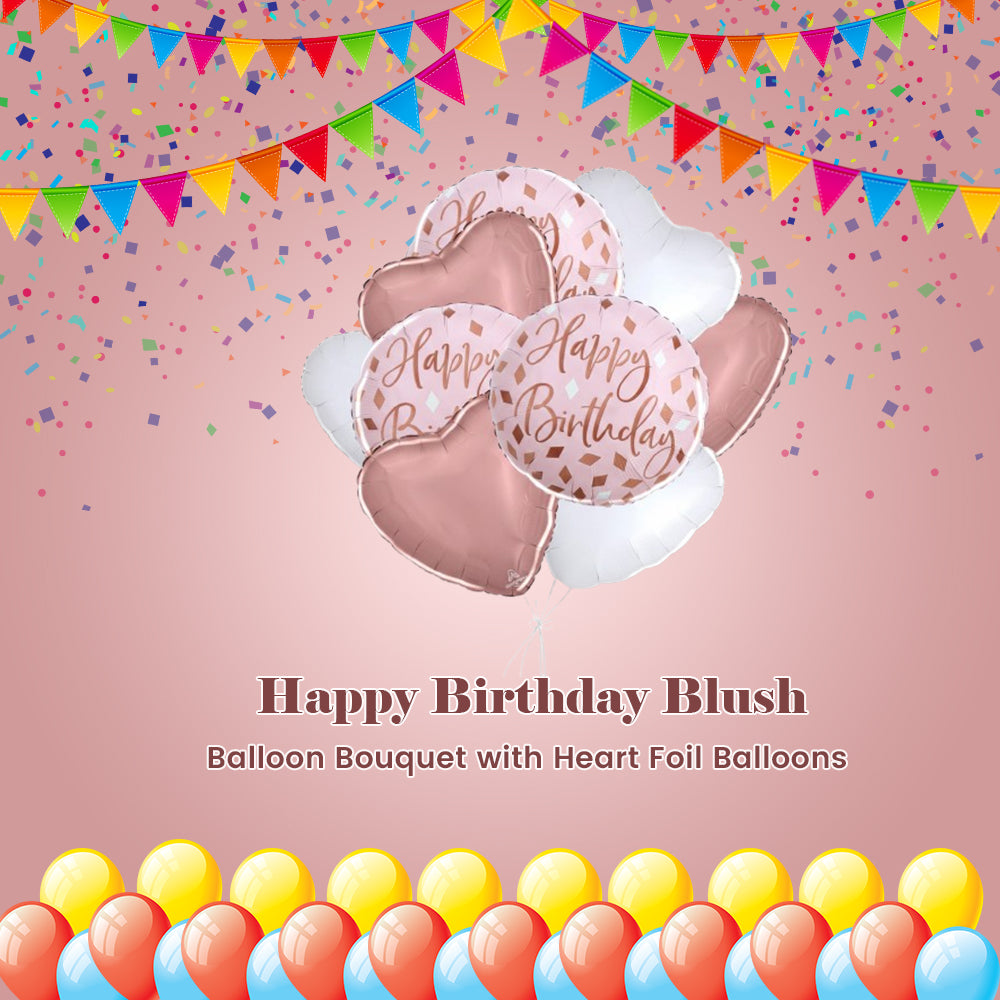 Happy Birthday Blush Balloon Bouquet with Heart Foil Balloons 9-pk