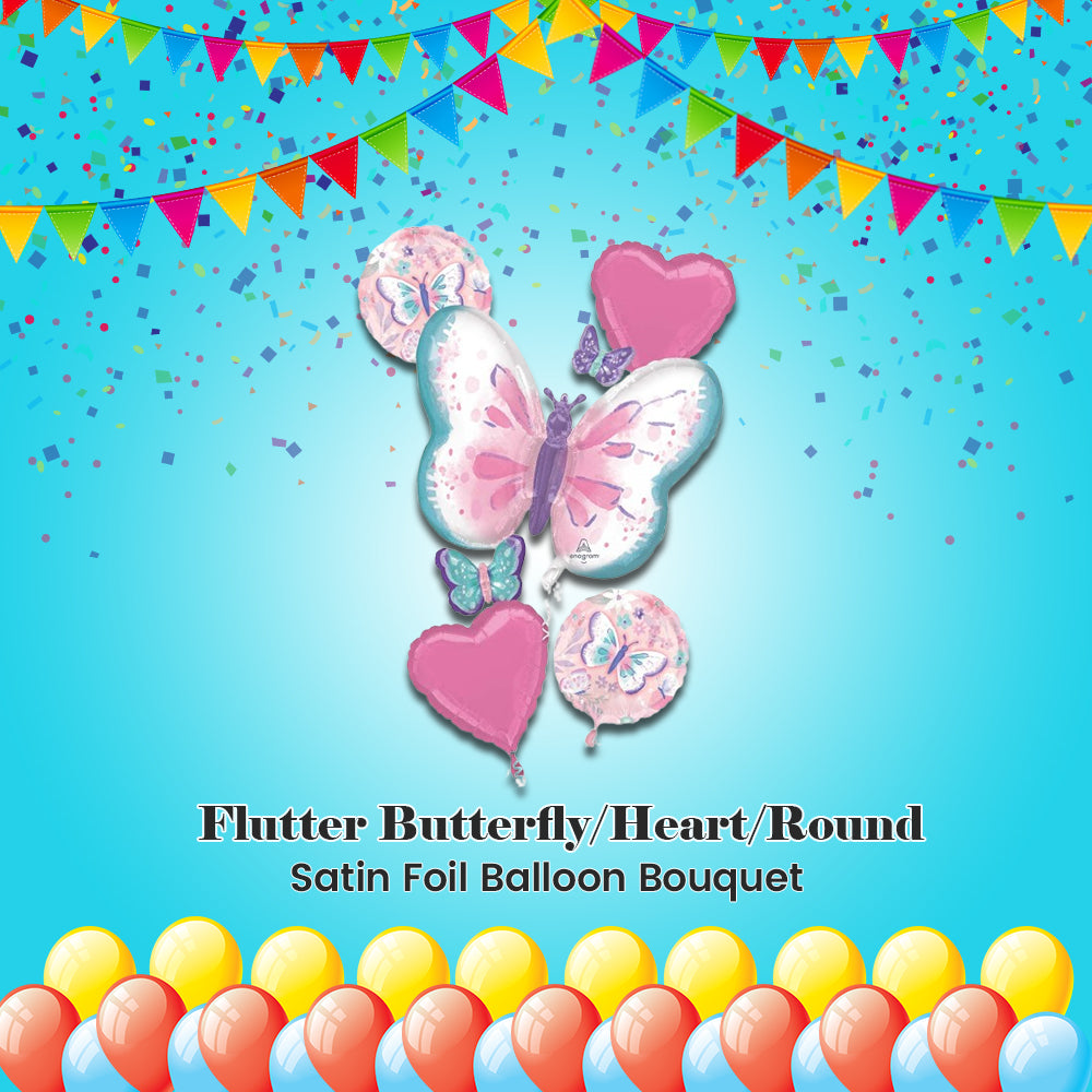 Flutter Butterfly/Heart/Round Satin Foil Balloon Bouquet 5-pk