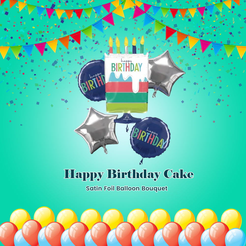 Happy Birthday Cake Balloon Bouquet with Star Foil Balloons 7-pk