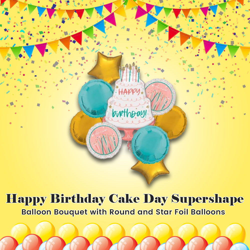 Happy Birthday Cake Day Supershape Balloon Bouquet with Round and Star Foil Balloons 9-pk