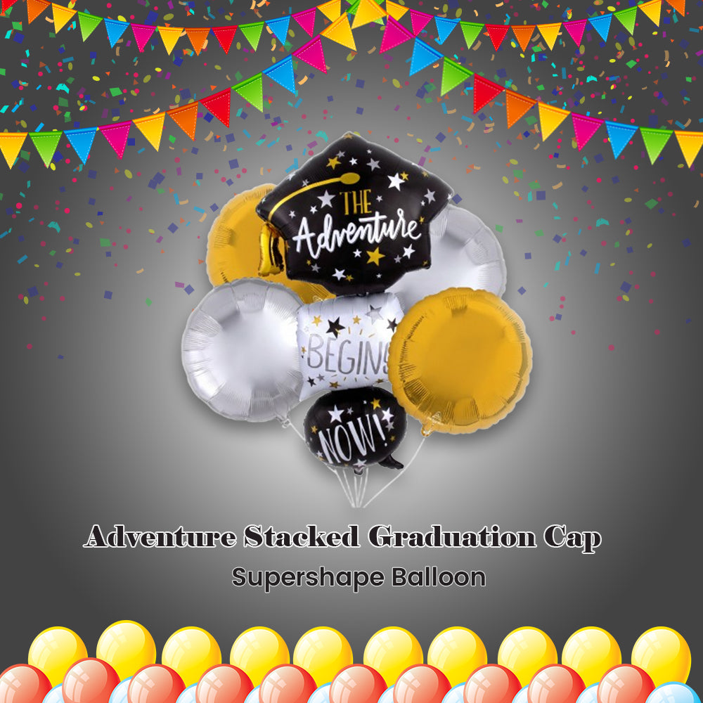 The Adventure Begins Now Stacked Graduation Cap Supershape Balloon Bouquet with Round Foil Balloons 5-pk