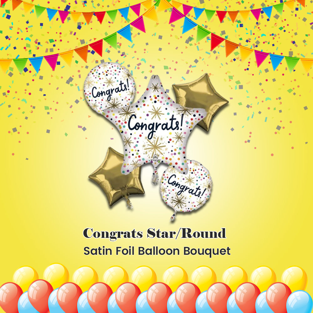 Congrats Star/Round Satin Foil Balloon Bouquet 5-pk