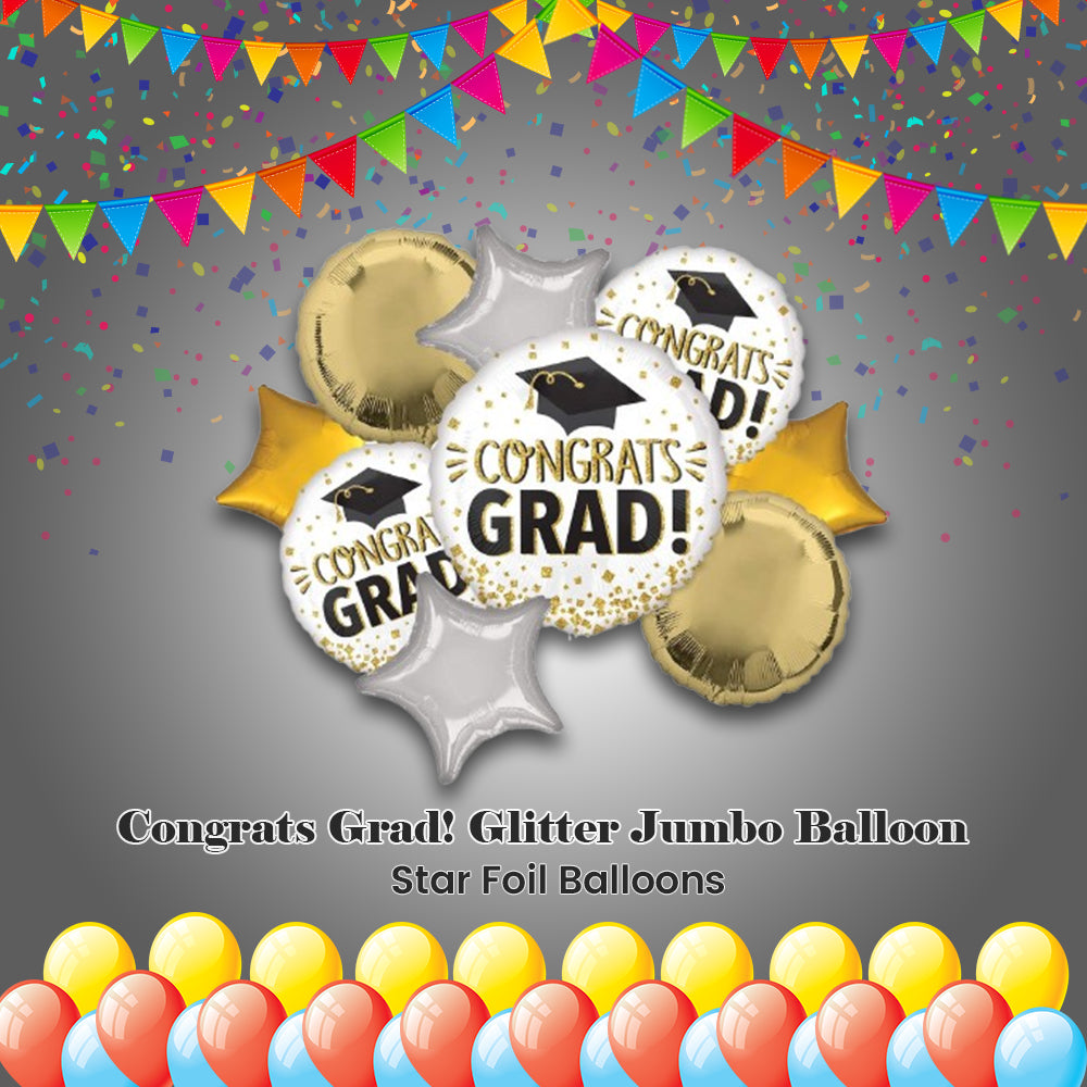 Congrats Grad! Glitter Jumbo Balloon Bouquet with Star Foil Balloons 9-pk