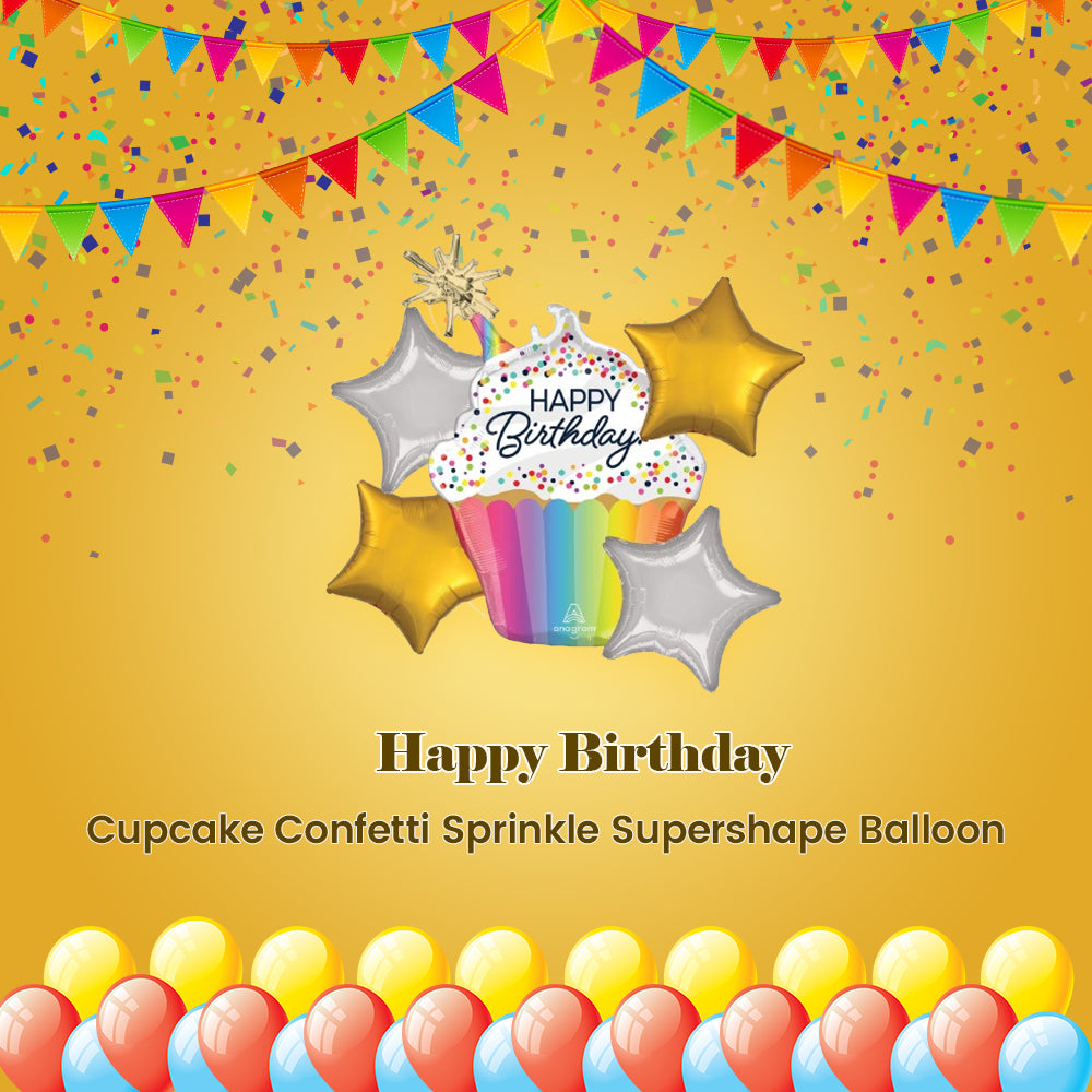 Happy Birthday! Cupcake Confetti Sprinkle Supershape Balloon Bouquet with Star Foil Balloons 5-pk