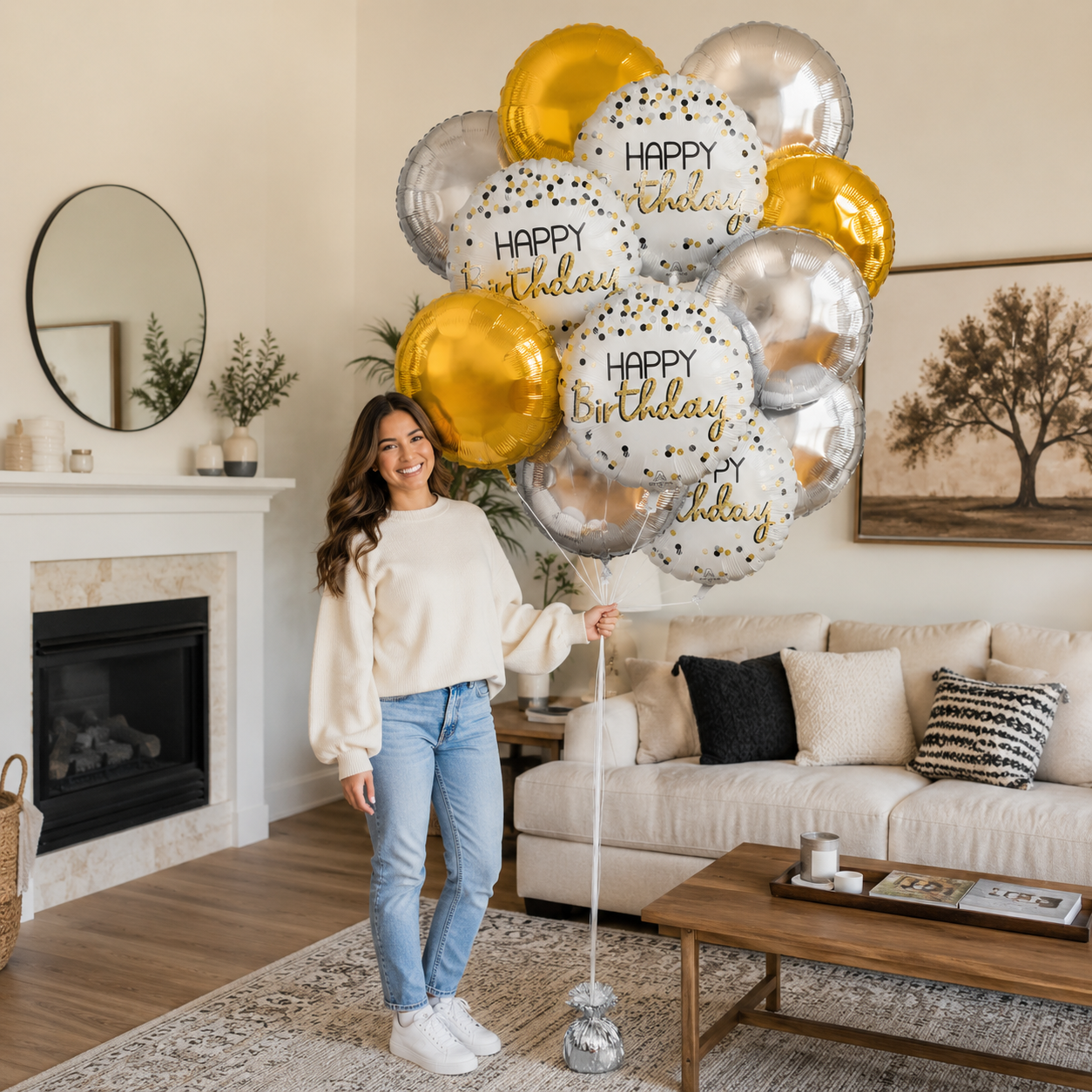 Happy Birthday Polka Dot Balloon Bouquet with Round Foil Balloons 12-pk