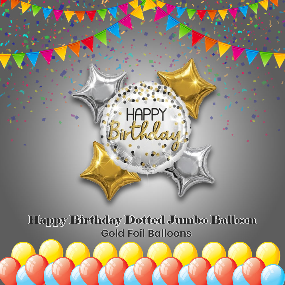 Happy Birthday Dotted Jumbo Balloon Bouquet with Gold Foil Balloons 5-pk