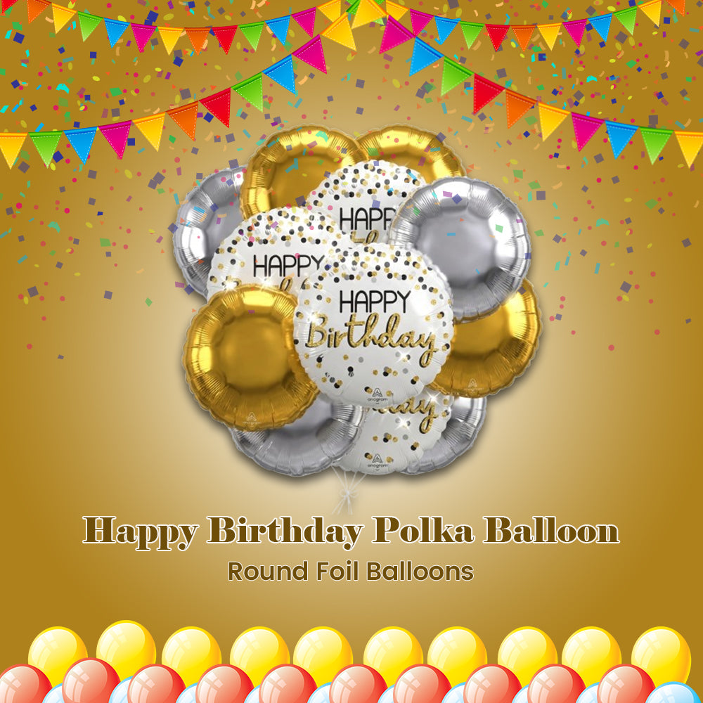 Happy Birthday Polka Dot Balloon Bouquet with Round Foil Balloons 12-pk