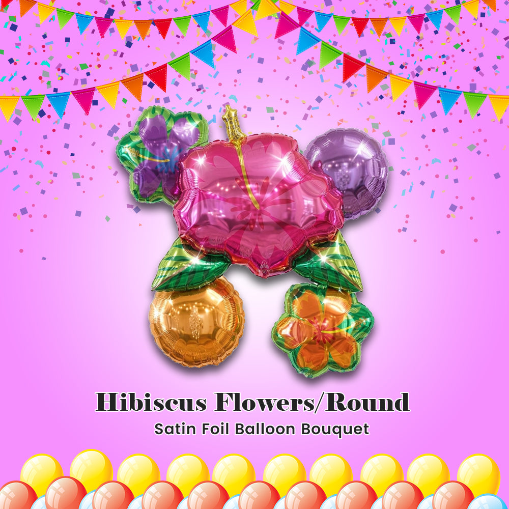 Hibiscus Flowers/Round Satin Foil Balloon Bouquet 5-pk