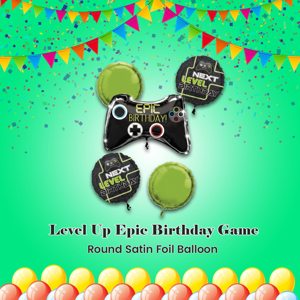 Level Up Epic Birthday Game Controller/Round Satin Foil Balloon Bouquet 5-pk