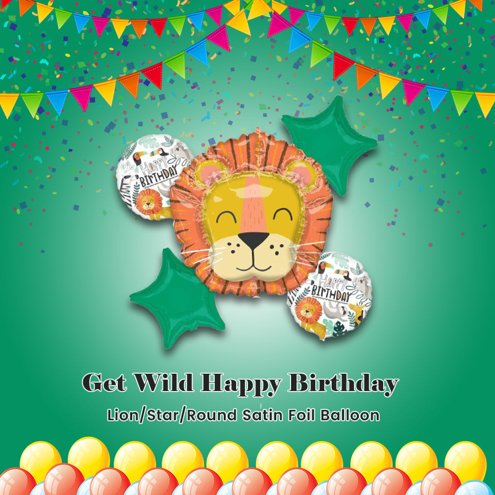 Get Wild Happy Birthday Lion/Star/Round Satin Foil Balloon Bouquet 5-pk