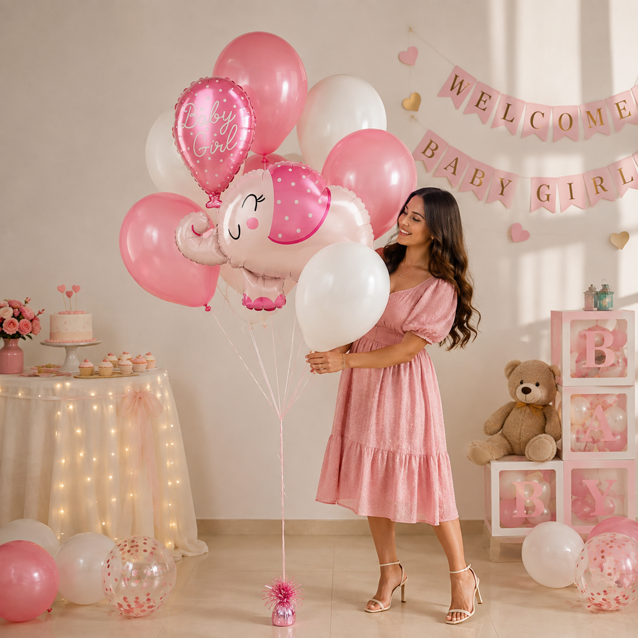 Baby Girl Elephant Supershape Balloon Bouquet with Latex Balloons 7-pk