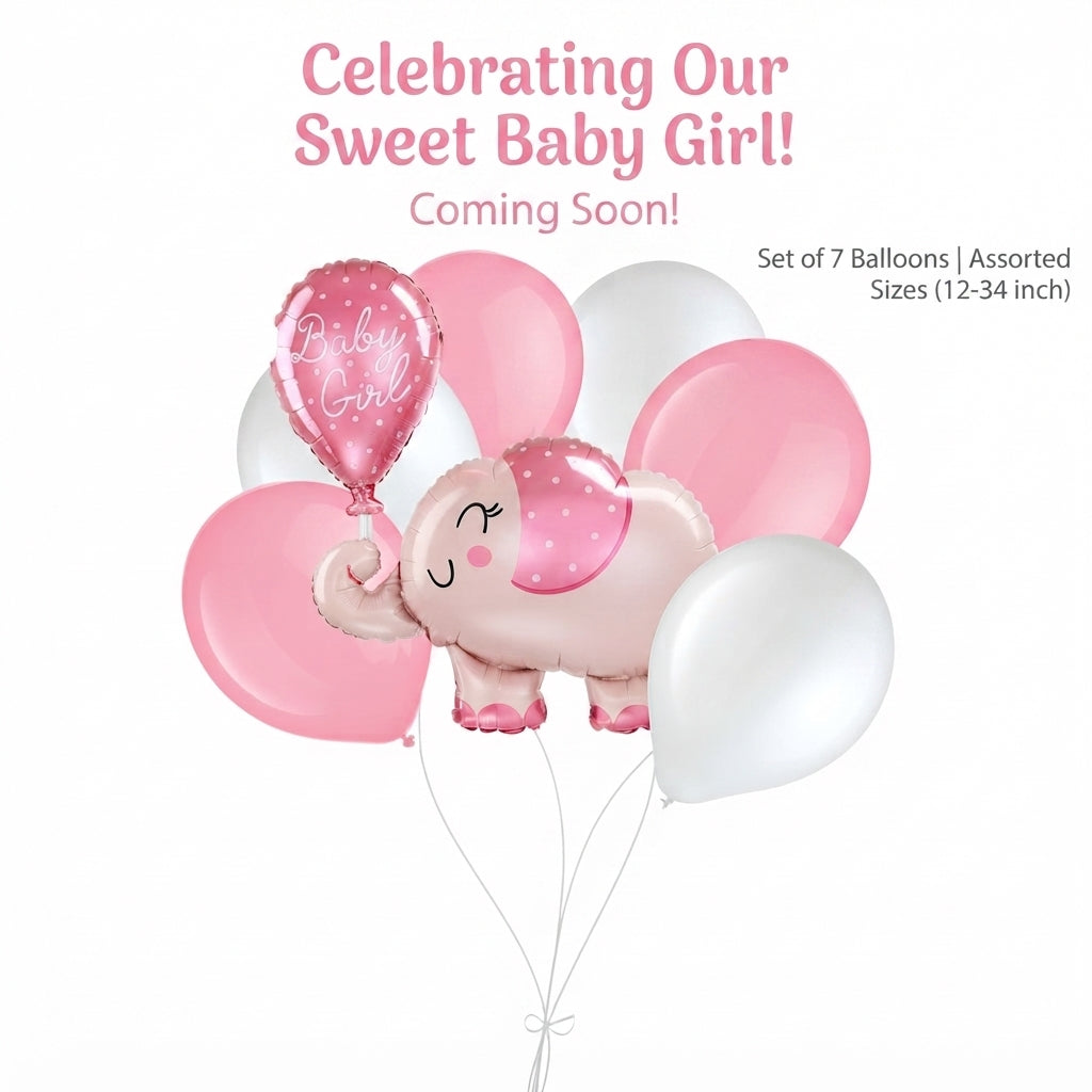Baby Girl Elephant Supershape Balloon Bouquet with Latex Balloons 7-pk