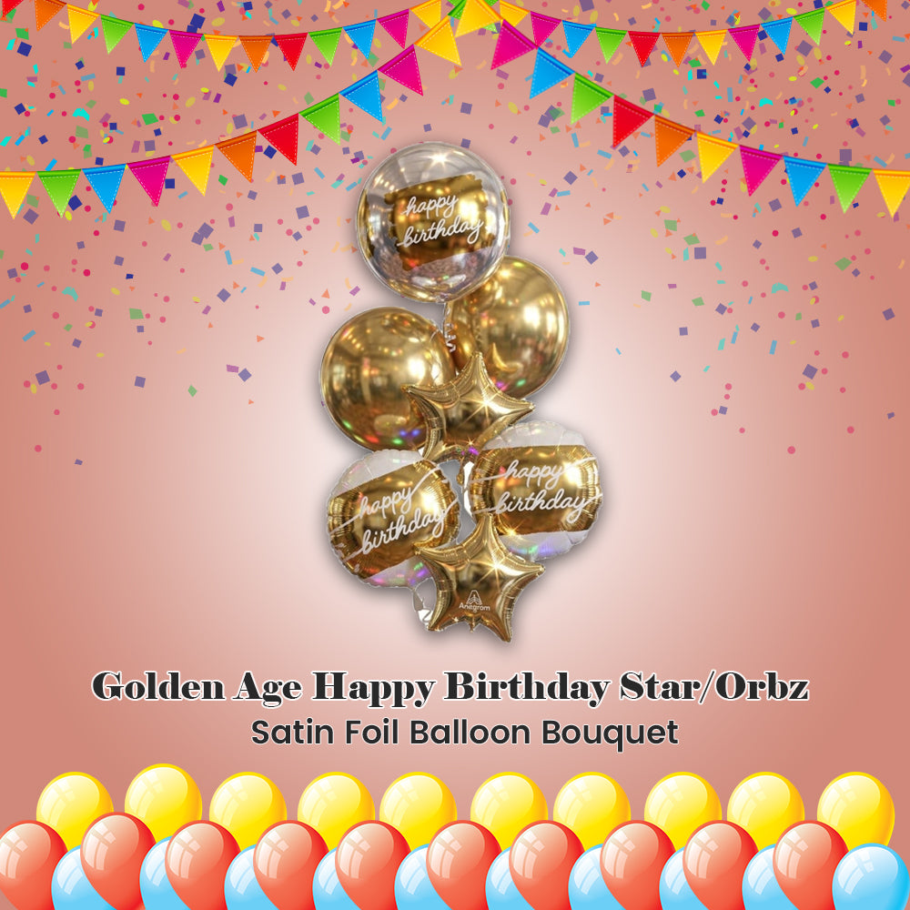 Golden Age Happy Birthday Star/Orbz Satin Foil Balloon Bouquet 7-pk