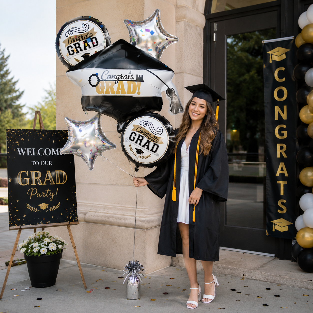 Congrats Grad Graduation Cap Satin Foil Balloon Bouquet 5-pc