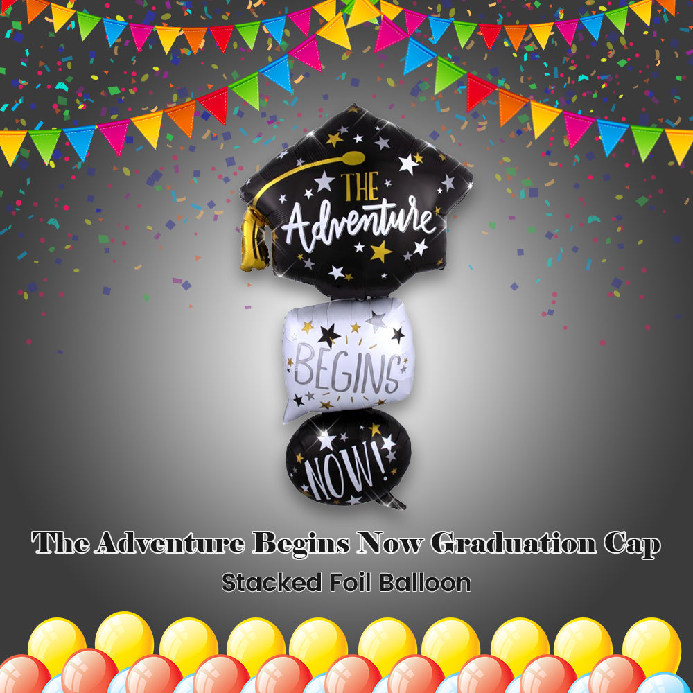 The Adventure Begins Now Graduation Cap Satin Stacked Foil Balloon 61-in