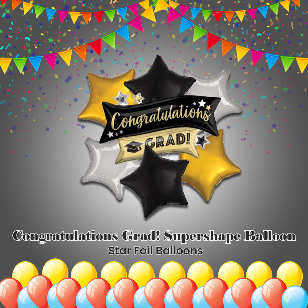 Congratulations Grad! Supershape Balloon Bouquet with Star Foil Balloons 7-pk