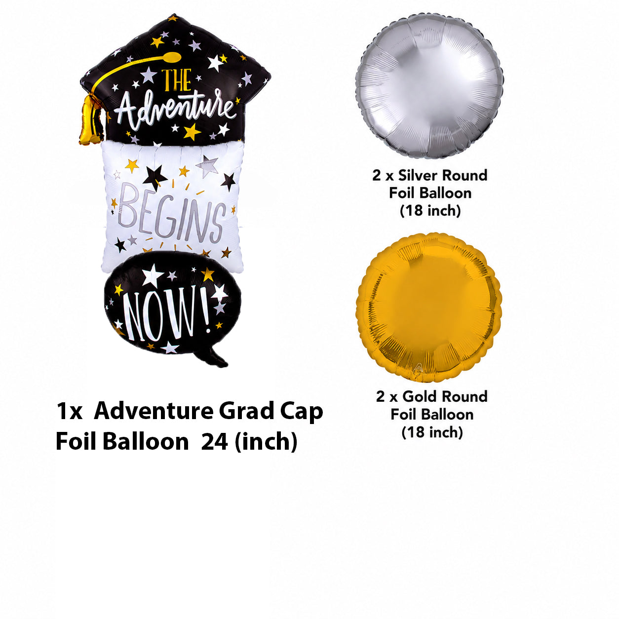 The Adventure Begins Now Stacked Graduation Cap Supershape Balloon Bouquet with Round Foil Balloons 5-pk