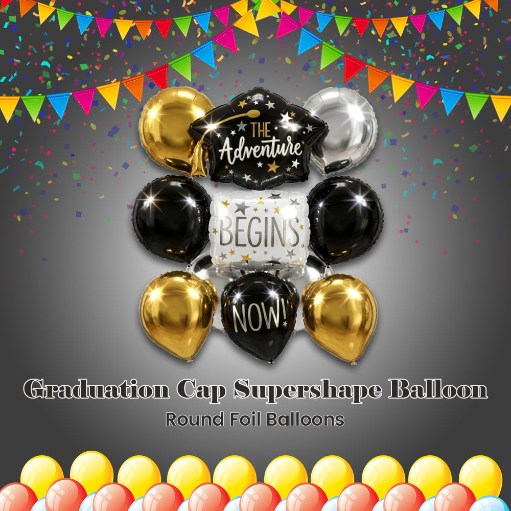 The Adventure Begins Now Stacked Graduation Cap Supershape Balloon Bouquet with Round Foil Balloons 7-pk