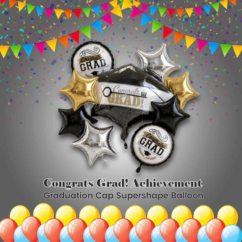 Congrats Grad! Achievement is Key Graduation Cap Supershape Balloon Bouquet 9-pk