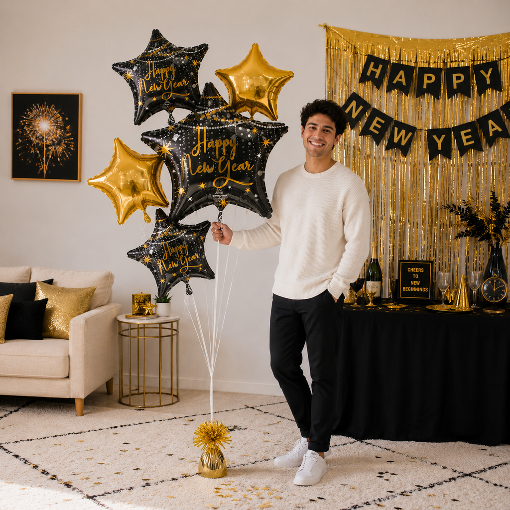 Happy New Year Star Satin Foil Balloon Bouquet 5-pk